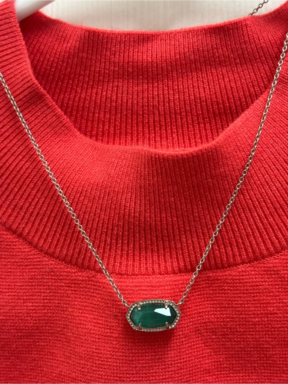Kendra Scott Silver Necklace with Green Oval Stone